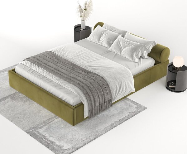 Letto matrimoniale imbottito verde scuro con contenitore e rete inclusi 180x200 cm Solvo – Maison de Rêve