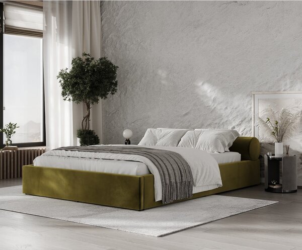 Letto matrimoniale imbottito verde scuro con contenitore e rete inclusi 180x200 cm Solvo – Maison de Rêve
