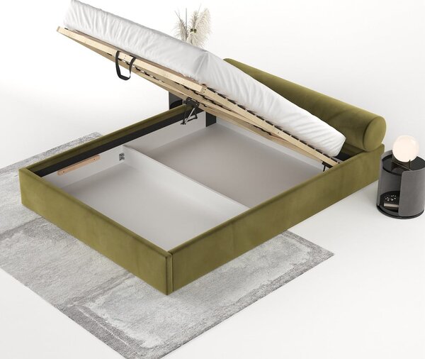Letto matrimoniale imbottito verde scuro con contenitore e rete inclusi 180x200 cm Solvo – Maison de Rêve