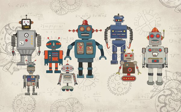 Carta da parati Gruppo di robot con equazioni matematiche, Carta da parati per Bambini, Carta da parati popolare, u46535 - Tapeko.it