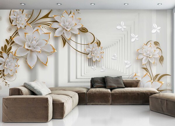 Carta da parati Fiori e farfalle in un tunnel di luce, Carta da parati 3D, Carta da parati Fiori 3D, u47046 : Uwalls.it