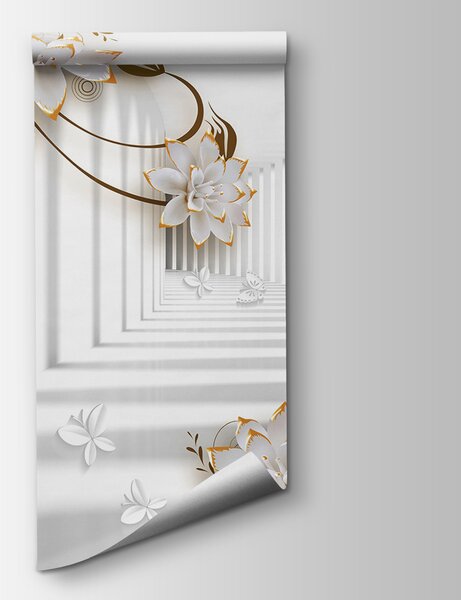Carta da parati Fiori bianchi e arancioni su sfondo bianco, Carta da parati 3d, Carta da parati popolare, u47046 - Tapeko.it