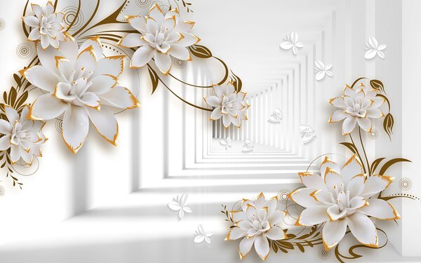 Carta da parati Fiori bianchi e arancioni su sfondo bianco, Carta da parati 3d, Carta da parati popolare, u47046 - Tapeko.it