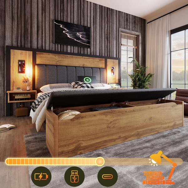 Letto imbottito 160x200 cm in legno di quercia, completo di lampada da lettura, comodino con porta USB-C, panca contenitore e struttura del letto con rete a doghe, ideale per la camera da letto