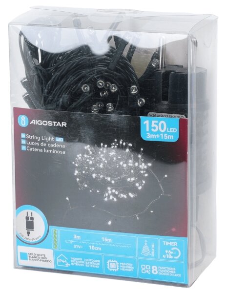 Aigostar - Catena luminosa natalizia LED da esterno, 150 LED, 8 funzioni, 18 m, IP44, bianco freddo