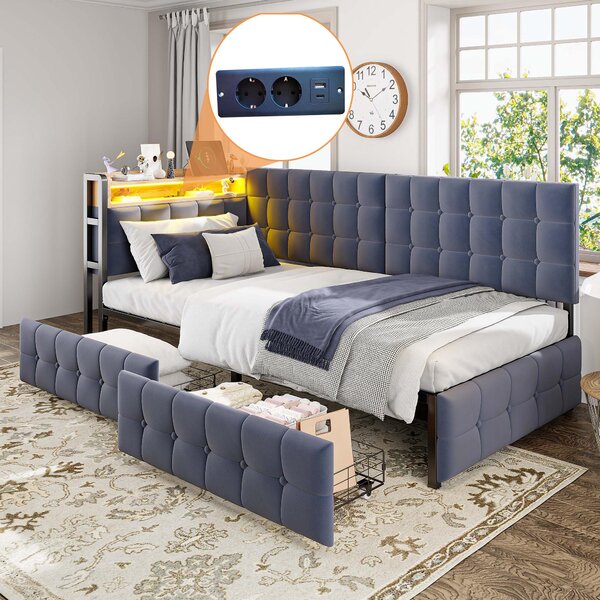 Letto imbottito 90x200 cm, grigio, divano letto imbottito con 2 cassetti, testiera con illuminazione LED, prese USB e di tipo C, struttura del letto