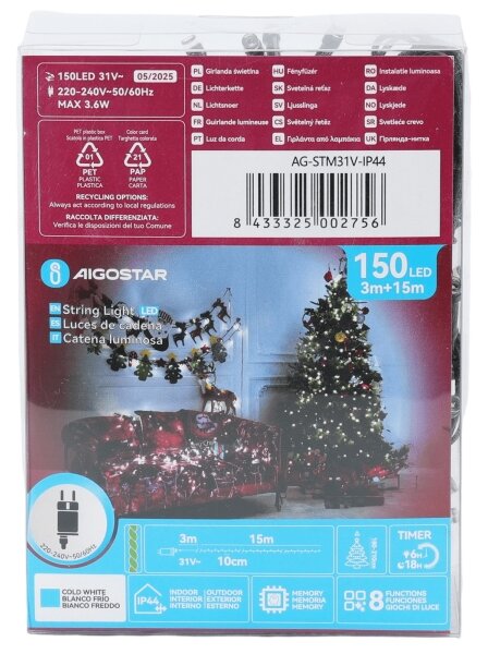 Aigostar - Catena luminosa natalizia LED da esterno, 150 LED, 8 funzioni, 18 m, IP44, bianco freddo