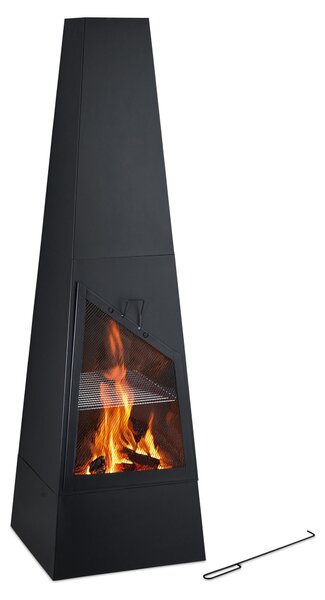 Camino da giardino Relaxdays con funzione barbecue, dimensioni: 149x44,5x44,5 cm, parascintille, cassetto raccogli cenere e attizzatoio, camino, nero