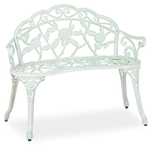 Panchina da giardino Relaxdays, 2 posti, con motivo a rose, per terrazza o balcone, in alluminio e ghisa, stile antico, 78 x 98 x 55,5 cm, bianco/verde