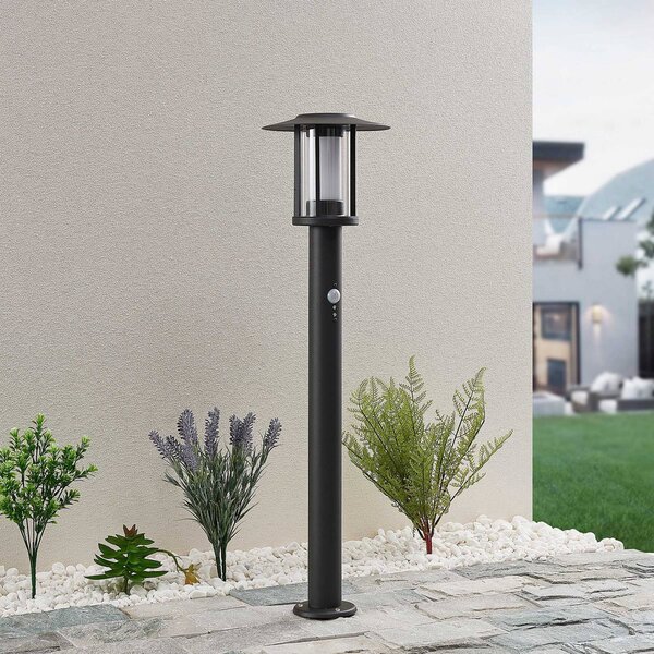 Lindby lampione a LED Gregory, 76 cm, sensore, grigio scuro, IP44 Gregory, Nero, Acciaio Inox, Moderno