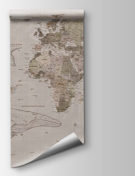 Carta da parati Mappa del mondo con le balene, Carta da parati mappe del mondo, Carta da parati popolare, u50449 - Tapeko.it