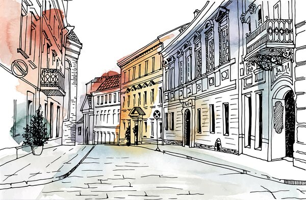 Carta da parati Disegno di una strada con edifici, Carta da parati Architettura, Carta da parati popolare, u51062 - Tapeko.it