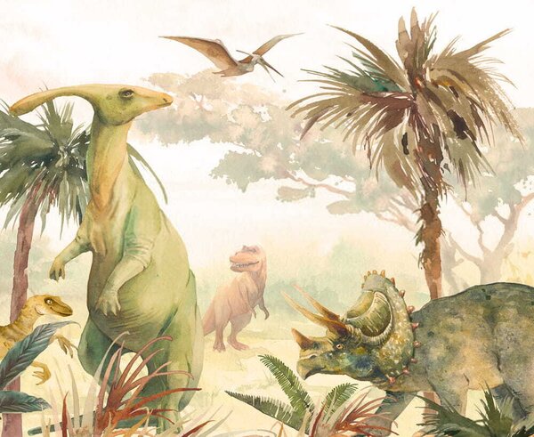 Carta da parati Gruppo di dinosauri in una foresta, Carta da parati per Bambini, Carta da parati popolare, u51253 - Tapeko.it