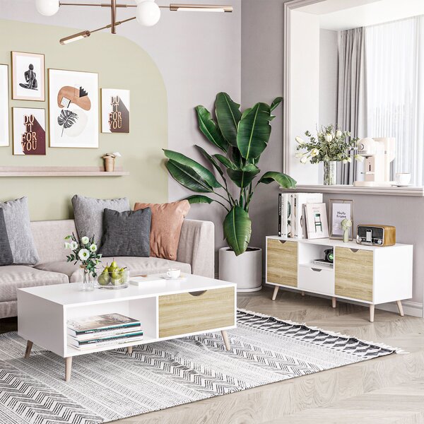 HOMCOM Mobile TV Moderno max 55" con Cassetti e Ripiani, Armadietti e 5 Gambe in Legno, 110x40x50 cm, Bianco e Colore Legno|Aosom