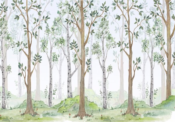 Carta da parati Pittura ad acquerello di alberi ed erba, Carta da parati per Bambini, Carta da parati popolare, u51424 - Tapeko.it