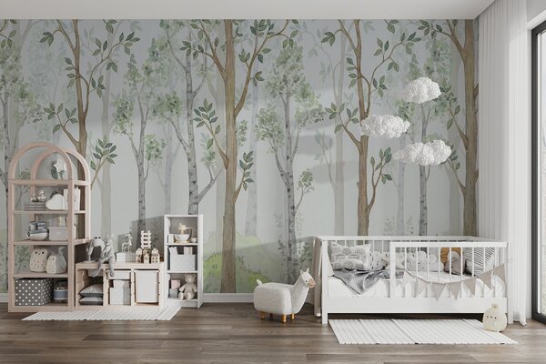 Carta da parati Pittura ad acquerello di alberi ed erba, Carta da parati per Bambini, Carta da parati popolare, u51424 - Tapeko.it