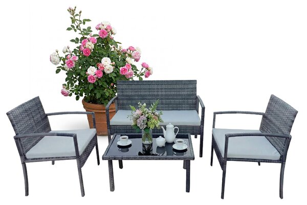 Set di mobili da giardino Relaxdays, set da salotto in rattan da 4 pezzi, per 4 persone, panca, sedie e tavolo in vetro, mobili da relax, da esterno, grigio