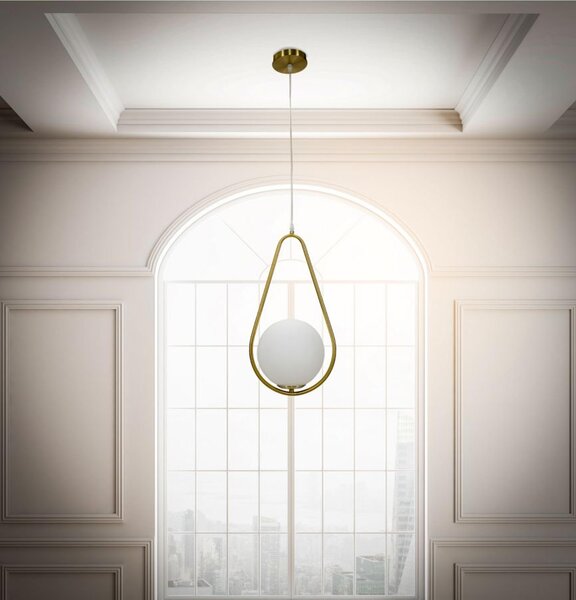 Lampadario in metallo dorato con sfera in vetro bianco., GLAMY , Dimensioni 24x20xh 46 cm sfere in vetro bianco
