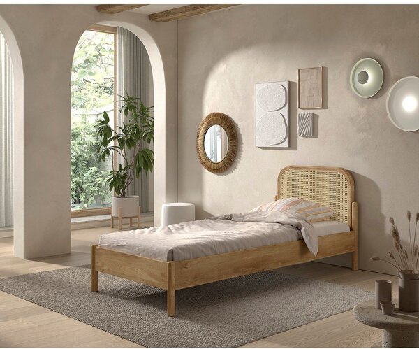 Letto singolo di colore naturale in rovere massiccio con rete inclusa 90x200 cm Olive Rotan – Vipack