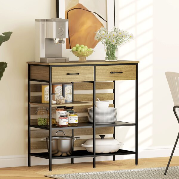 HOMCOM Buffet da cucina, con 2 cassetti e 3 ripiani aperti, 90 x 40 x 91 cm, Legno naturale e nero | Aosom Italy