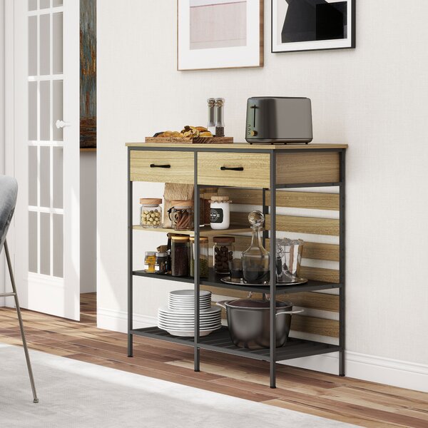 HOMCOM Buffet da cucina, con 2 cassetti e 3 ripiani aperti, 90 x 40 x 91 cm, Legno naturale e nero | Aosom Italy
