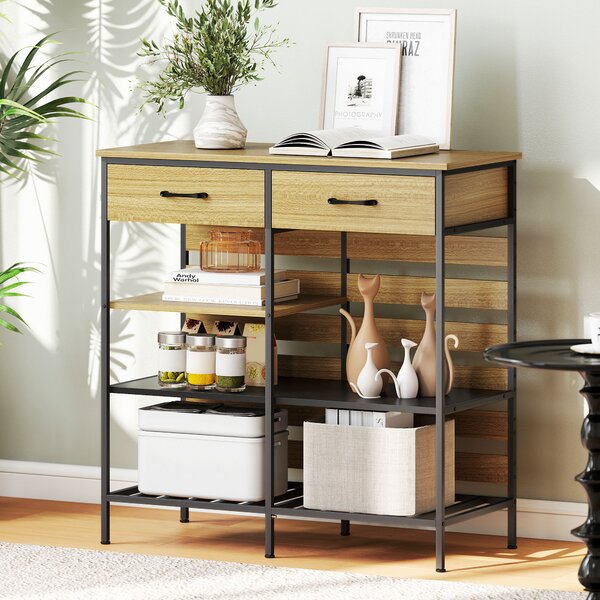 HOMCOM Buffet da cucina, con 2 cassetti e 3 ripiani aperti, 90 x 40 x 91 cm, Legno naturale e nero | Aosom Italy