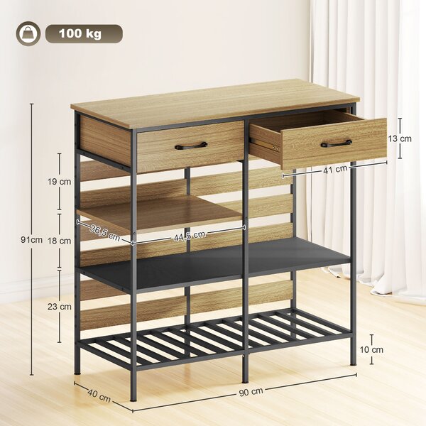 HOMCOM Buffet da cucina, con 2 cassetti e 3 ripiani aperti, 90 x 40 x 91 cm, Legno naturale e nero | Aosom Italy