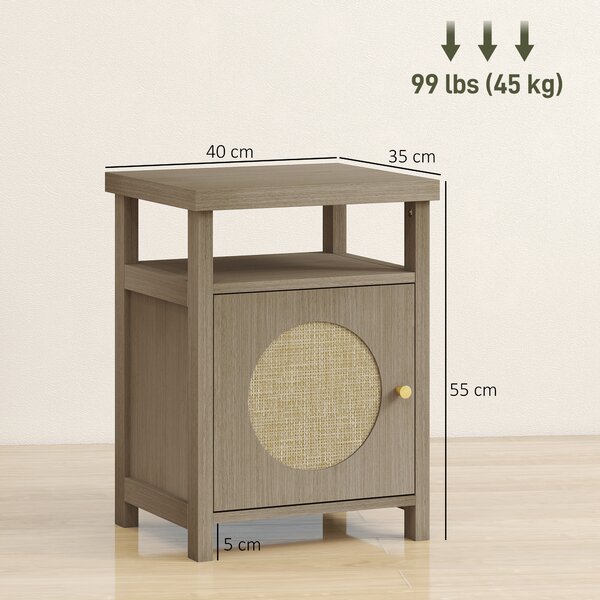 HOMCOM Comodino con Scaffale Aperto e Vano con Anta in Rattan, 40x35x55 cm, Legno Naturale | Aosom Italy