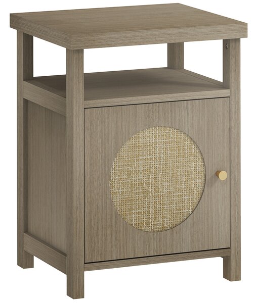 HOMCOM Comodino con Scaffale Aperto e Vano con Anta in Rattan, 40x35x55 cm, Legno Naturale | Aosom Italy