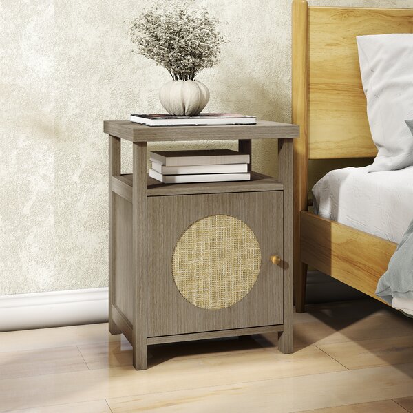 HOMCOM Comodino con Scaffale Aperto e Vano con Anta in Rattan, 40x35x55 cm, Legno Naturale | Aosom Italy