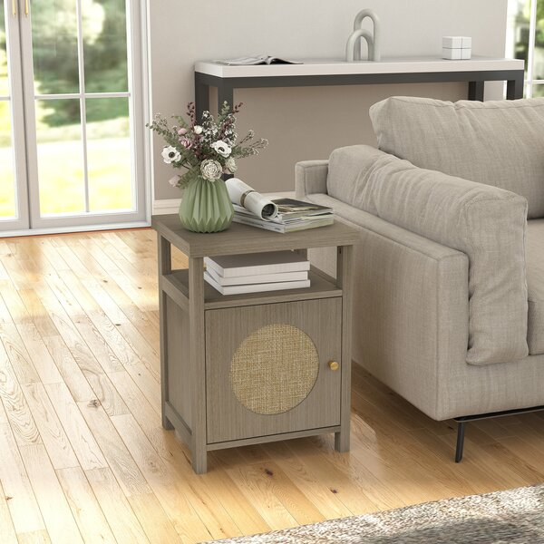 HOMCOM Comodino con Scaffale Aperto e Vano con Anta in Rattan, 40x35x55 cm, Legno Naturale | Aosom Italy