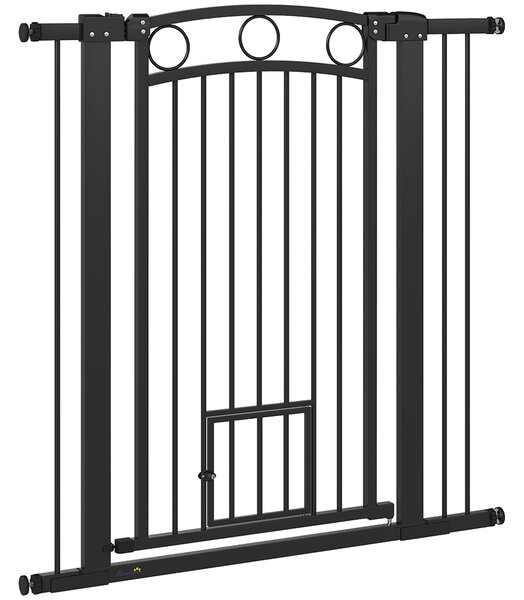 PawHut Cancello per Animali Alto 106 cm con Larghezza Regolabile, Porta per Gatti Integrata, Nero | Aosom Italy