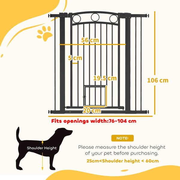 PawHut Cancello per Animali Alto 106 cm con Larghezza Regolabile, Porta per Gatti Integrata, Nero | Aosom Italy