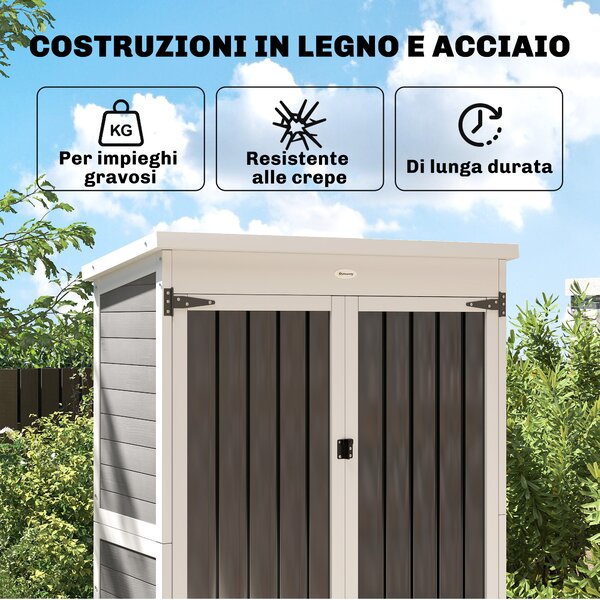 Outsunny Armadio da Giardino con Ripiani Rimovibili e Porta Bloccabile, in Legno e Acciaio, 94x43x166 cm, Bianco e Nero | Aosom Italy