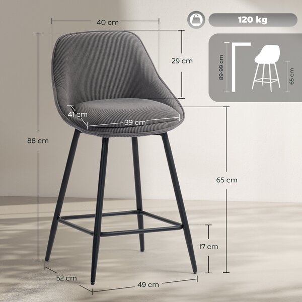 HOMCOM Set di 2 sgabelli da bar con rivestimento in corda e gambe in acciaio, Grigio | Aosom Italy
