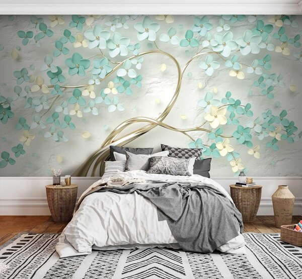 Carta da parati Albero con fiori blu, Carta da parati 3D, Carta da parati Fiori 3D, u52550 : Uwalls.it