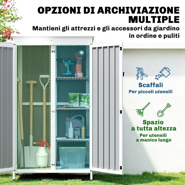 Outsunny Armadio da Giardino con Ripiani Rimovibili e Porta Bloccabile, in Legno e Acciaio, 94x43x166 cm, Bianco e Nero | Aosom Italy