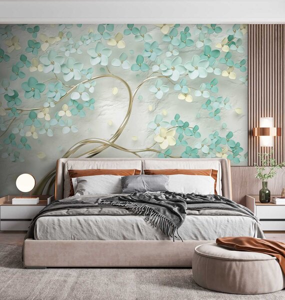 Carta da parati Albero con fiori blu, Carta da parati 3D, Carta da parati Fiori 3D, u52550 : Uwalls.it