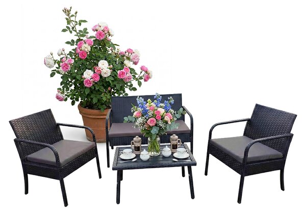 Set di mobili da giardino Relaxdays, set da salotto in rattan da 4 pezzi, per 4 persone, con panca, 2 sedie e tavolo, mobili da relax, per esterni, nero