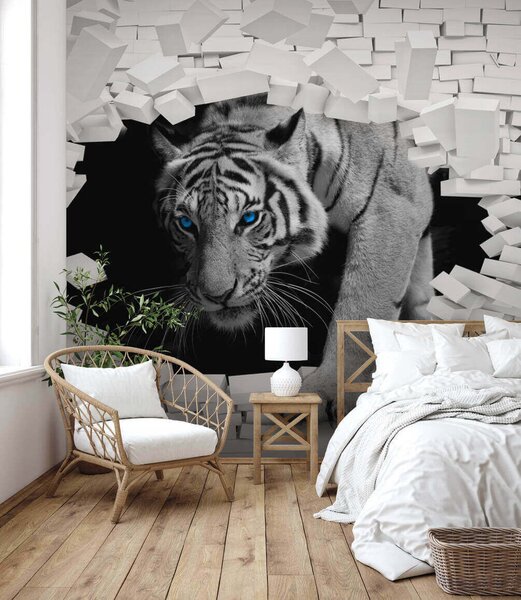 Carta da parati La tigre che passa attraverso un buco nel muro, Carta da parati design, Carta da parati popolare, u53013 - Tapeko.it