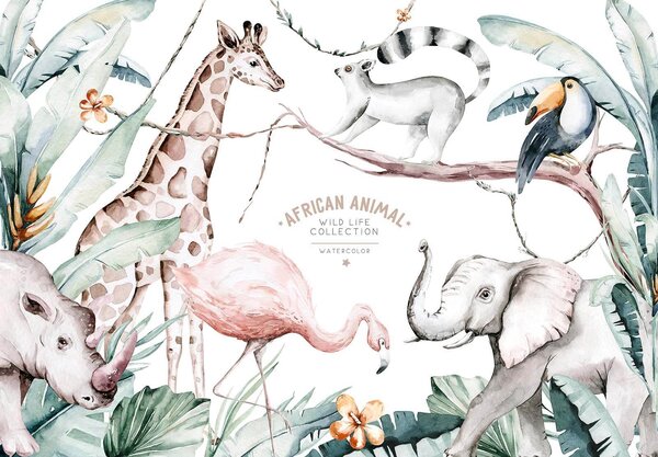 Carta da parati Illustrazione ad acquerello di animali e piante, Carta da parati per Bambini, Carta da parati popolare, u53071 - Tapeko.it