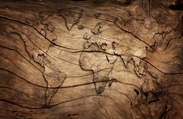 Carta da parati Mappa del mondo su un pezzo di legno, Carta da parati mappe del mondo, Carta da parati popolare, u53146 - Tapeko.it