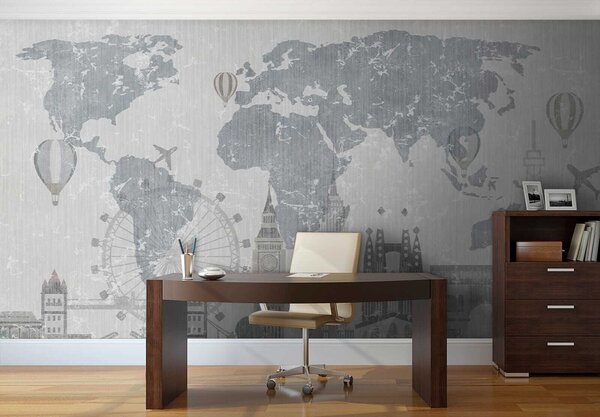 Carta da parati Mappa del mondo con edifici e una ruota panoramica, Carta da parati per Ragazzo, Carta da parati popolare, u53138 - Tapeko.it