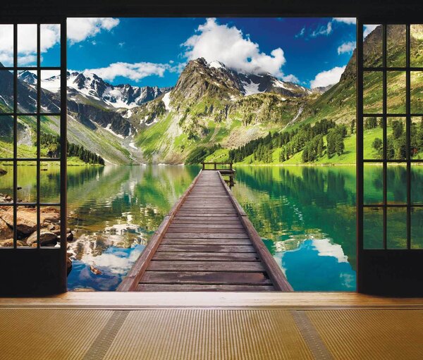 Carta da parati Vista su un lago da una camera con pontile in legno e montagne, Carta da parati Natura, Carta da parati popolare, u53287 - Tapeko.it