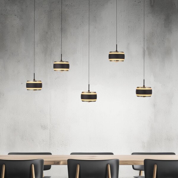 PURE Lampada LED a sospensione Falling Rings, nera, lunghezza 101 cm, 5 luci dimmerabile, Nero, Soggiorno / Sala da pranzo, Metallo, Moderno