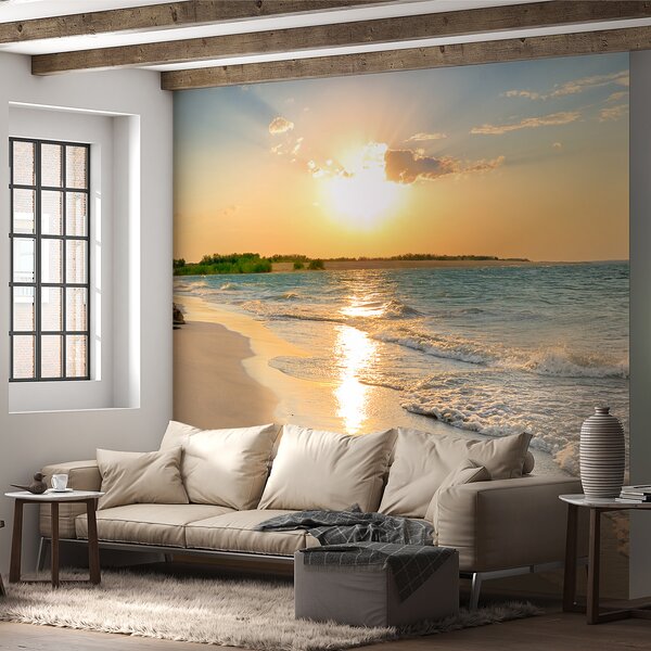 Carta da parati Spiaggia con onde e tramonto, Carta da parati Mare, Carta da parati popolare, u53408 - Tapeko.it