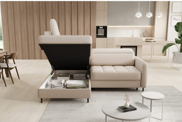 Divano angolare beige allungabile/con contenitore (con penisola a sinistra/a L) e rivestimento in velluto Barea – ELTAP