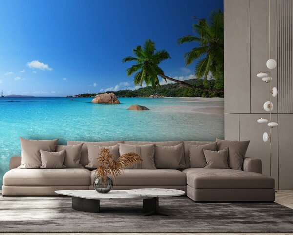 Carta da parati Spiaggia con palme e acqua blu, Carta da parati Mare, Carta da parati popolare, u53754 - Tapeko.it