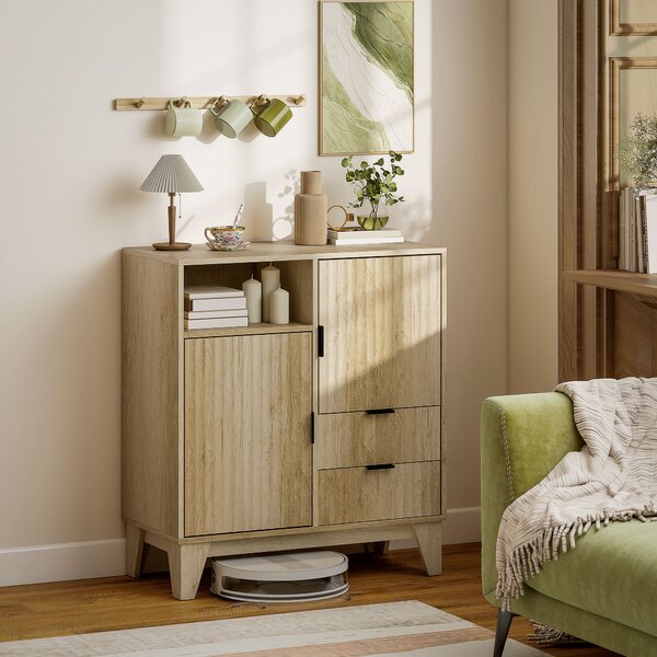 HOMCOM Buffet soggiorno 2 porte cannelate, 2 cassetti, ripiano regolabile, vano aperto, 80 x 40 x 90 cm, legno naturale | Aosom Italy