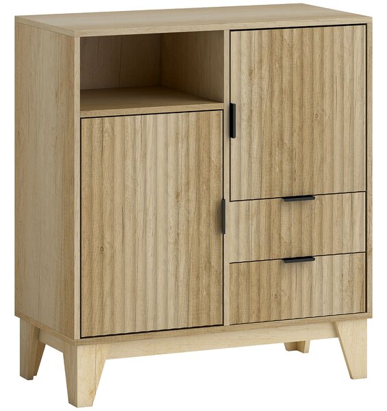HOMCOM Buffet soggiorno 2 porte cannelate, 2 cassetti, ripiano regolabile, vano aperto, 80 x 40 x 90 cm, legno naturale | Aosom Italy